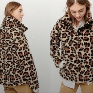 J. Crew Leopard Print Sherpa Fleece Pullover Jacket